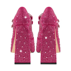 Back view of rhinestone platform Mary Jane heels with chunky block heel.