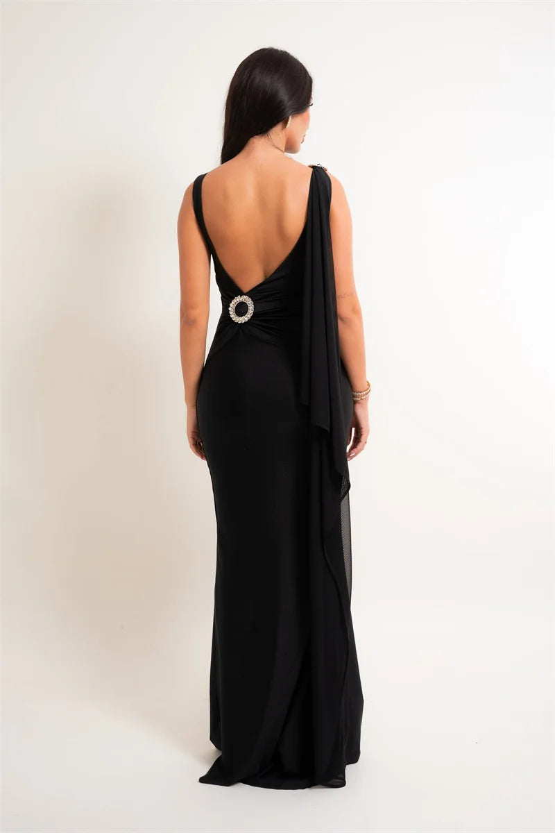 Draped one-shoulder maxi dress in black