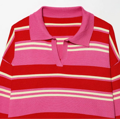 Striped Polo Collar Knit Top