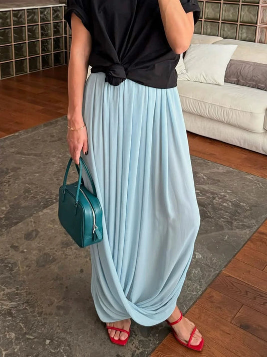 Light blue draped waist maxi skirt
