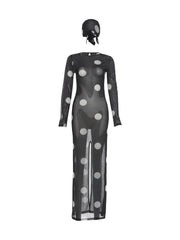 Black Long Sleeve Polka Dot Mesh Maxi Dress