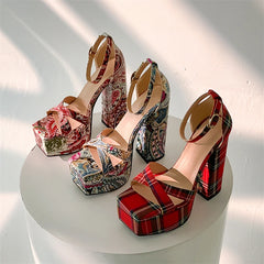 Floral Print Platform Block Heel Sandals