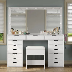 Vanity Desk with Mirror and Lights, Charging Station,15 Drawers