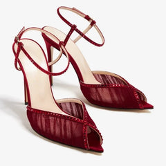 Pair of burgundy crystal mesh stiletto heels with pointed toe and ankle strap