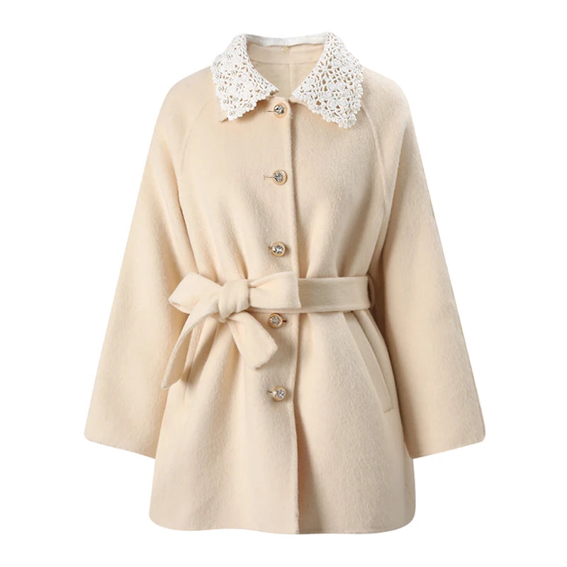Beige belted wool blend coat front view