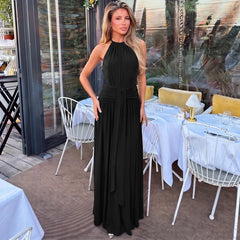 High Neck Sleeveless Ruched Waist Draped Long Dress