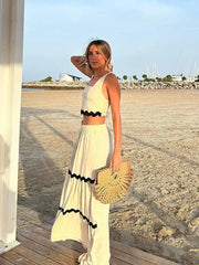 White Crop Top And Black Stripe Maxi Skirt Set Golden Atelier