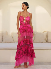 Pink Floral Print One Piece Swimsuit and Ruffled Skirt Beachwear