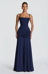 Square Neck Drape Waist Floor-Length Dress