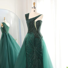 Emerald Green Overskirt One Shoulder Women Prom Gowns