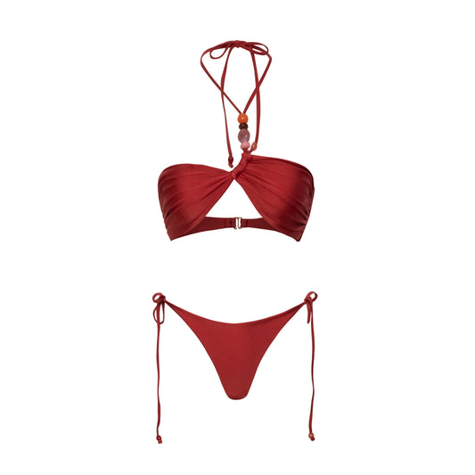 Red twisted bikini top and matching maxi skirt cover-up set.