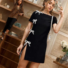 Bow Side Slit Hip Wrap Short Sleeve Solid Black Mini Dress