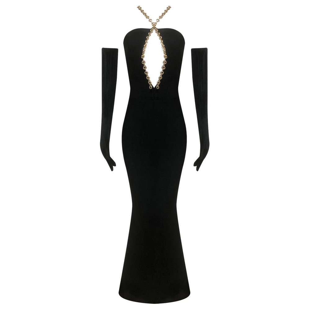 Black evening gown with long sleeves and a decorative back 