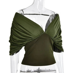 Green Off Shoulder Gathered Open Back Top