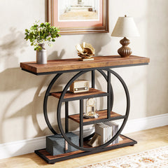 “Rustic entryway table with four shelves and circular metal frame”