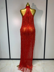 Beaded Fringe Halter Gown