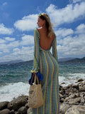 Long Sleeved Contrast Striped Knitted Open Back Maxi Dress