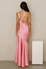 Satin Backless Asymmetrical Hem Maxi Dress