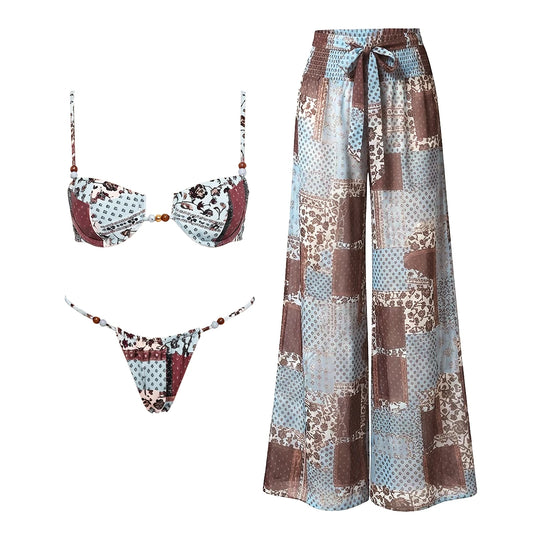 Patchwork print bikini set with wide-leg pants cover-up.