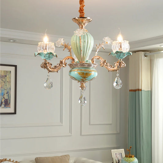 European Style Retro Crystal Lamp Ceramic Flower Chandelier