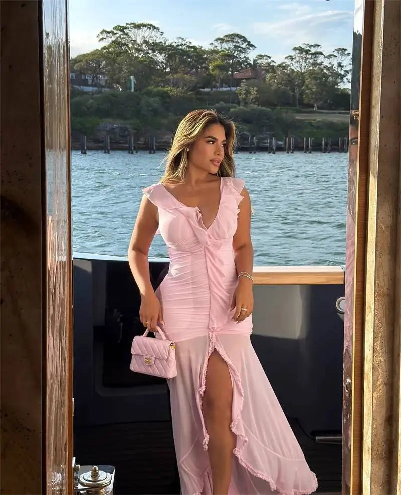 Sheer mesh ruffle v-neck maxi dress on a boat