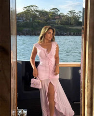 Sheer mesh ruffle v-neck maxi dress on a boat