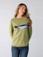 Green crew neck knit sweater with fish graphic print
