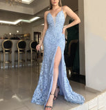 Baby Blue Mermaid Prom Dress Lace Embroidery Fishtail Side Split Dress
