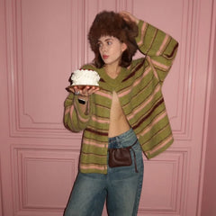 Green Striped Knit Cardigan