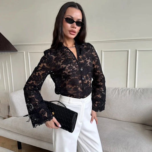Sheer floral lace button-up top with flared cuffs