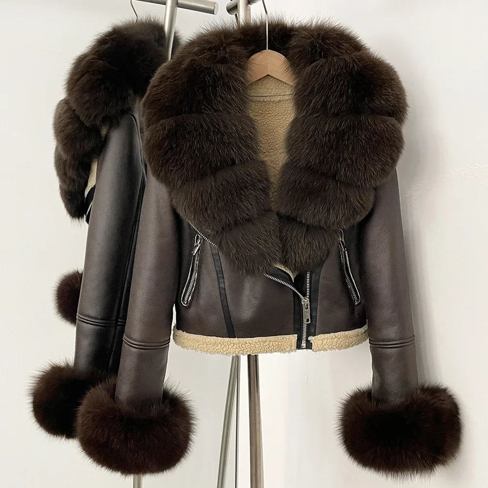 Brown leather jacket with fur trim on a mannequin against a white background