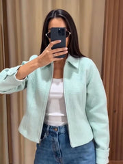 Tweed Zip-Front Cropped Jacket with collar detail