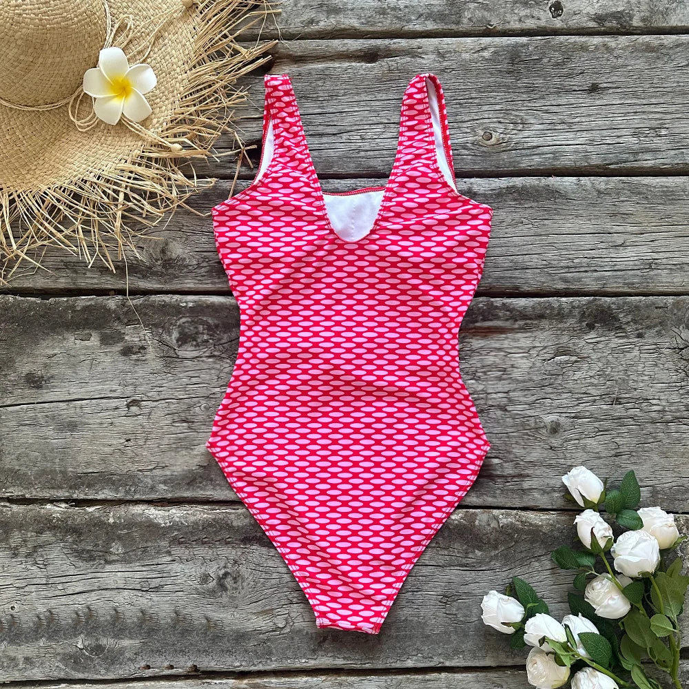 Back view of geometric print one-piece swimsuit
