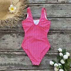 Back view of geometric print one-piece swimsuit