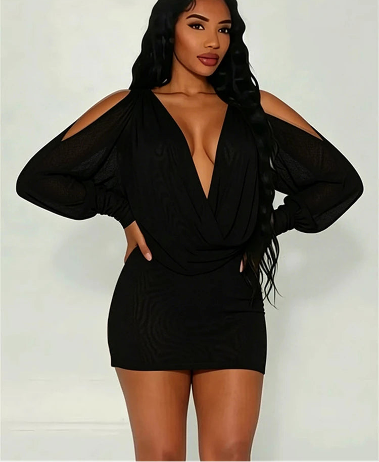 Black knit mini dress with deep V-neck and long puff sleeves
