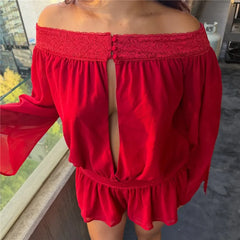 Off Shoulder Keyhole Front Bell Sleeve Romper