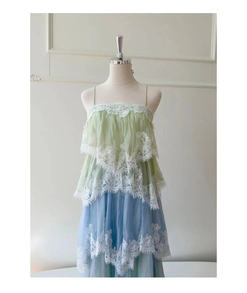 Close-up of lace trim on ombre camisole dress