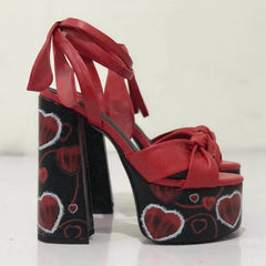 Floral Platform Bow Ankle Strap Heels