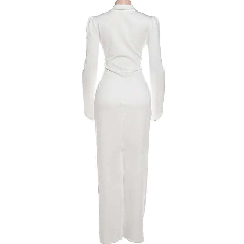 White long-sleeve dress on a mannequin against a white background