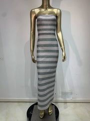 Glitter Stripe Strapless Long Gown