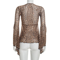 Mesh Print Tie Neck Long Sleeve Top