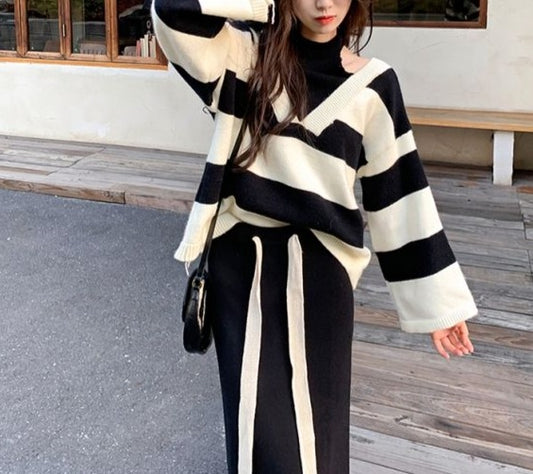 Off Shoulder Striped Sweater Loose Knitted Pullover For Girls