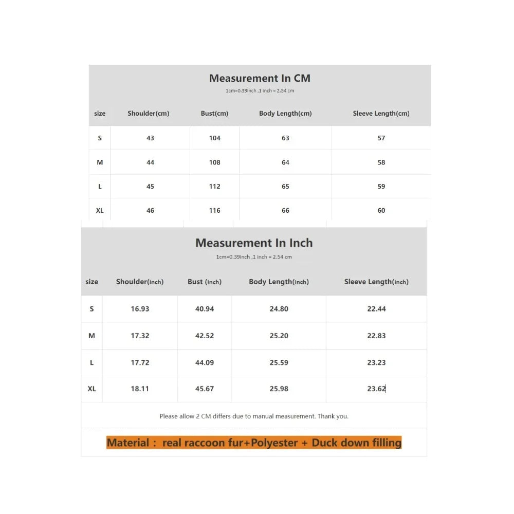 Measurement chart for clothing sizes in centimeters and inches on a white background.