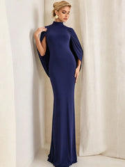 Navy Mock Neck Cape Maxi Dress