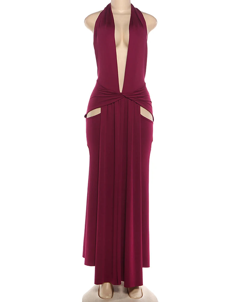 Maroon evening gown on a mannequin against a white background