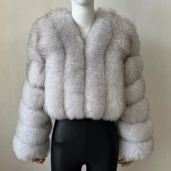 silver gray real fur coat cropped design