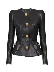 Black PU Leather Shrug Jacket with Y2K buttons for women.