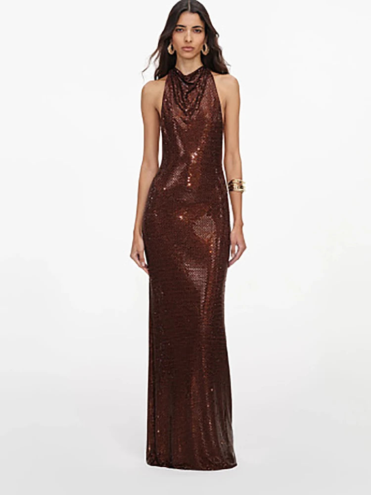 Halter neck sequin maxi dress front view
