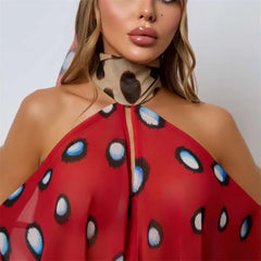 Print Mesh Halter Cut Off Shoulder Bodysuit Top With Bandana