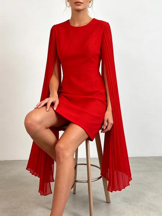 Red mini dress with pleated cape sleeves